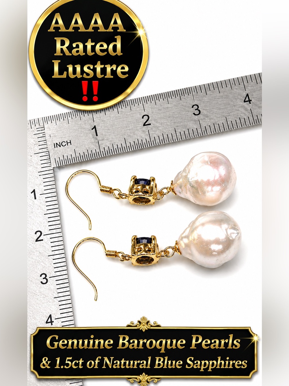 Sapphire & Baroque teardrop Pearl Earrings 14k yellow Gold Electroplated on 925